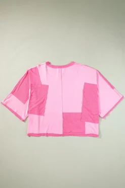 Outlet Dear-Lover Color Block Patchwork 3/4 Sleeve Loose Top Pink