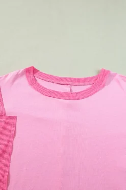 Outlet Dear-Lover Color Block Patchwork 3/4 Sleeve Loose Top Pink