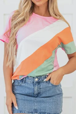 Online Dear-Lover Color Block Patchwork Seamed Crewneck T Shirt Pink