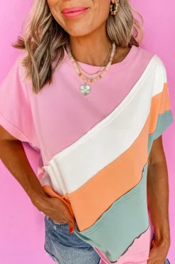 Online Dear-Lover Color Block Patchwork Seamed Crewneck T Shirt Pink
