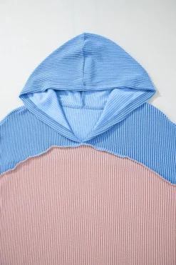Sale Dear-Lover Color Block Patchwork Corded Knit Loose Fit Hooded Blouse Pink