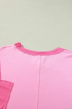 Outlet Dear-Lover Color Block Patchwork 3/4 Sleeve Loose Top Pink