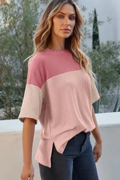 Outlet Dear-Lover Color Block Ribbed Side Slits Half Sleeve Top Pink