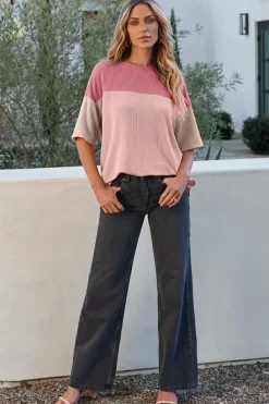 Outlet Dear-Lover Color Block Ribbed Side Slits Half Sleeve Top Pink