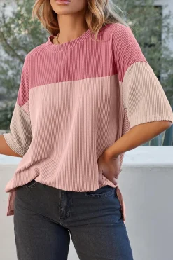 Outlet Dear-Lover Color Block Ribbed Side Slits Half Sleeve Top Pink