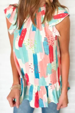 Best Dear-Lover Color Block Ruffled Mock Neck Ruffled Top Pink
