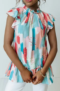 Best Dear-Lover Color Block Ruffled Mock Neck Ruffled Top Pink