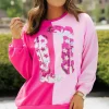 Sale Dear-Lover Color Block Sequined Cowgirl Boots Graphic Sweatshirt Pink