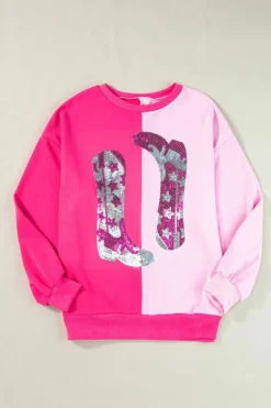 Sale Dear-Lover Color Block Sequined Cowgirl Boots Graphic Sweatshirt Pink