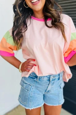 Online Dear-Lover Color Block Stitching Sleeve Round Neck Oversize Top Pink