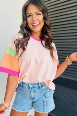 Online Dear-Lover Color Block Stitching Sleeve Round Neck Oversize Top Pink