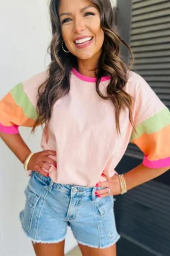 Online Dear-Lover Color Block Stitching Sleeve Round Neck Oversize Top Pink