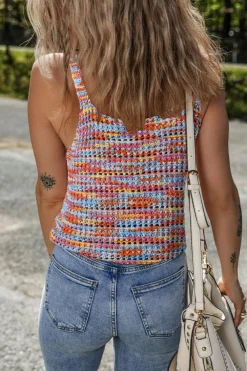 Online Dear-Lover Color Contrast Crochet Loose Fit Sweater Vest Pink