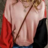 New Dear-Lover Colorblock Bishop Sleeve Ribbed Trim Sweater Pink