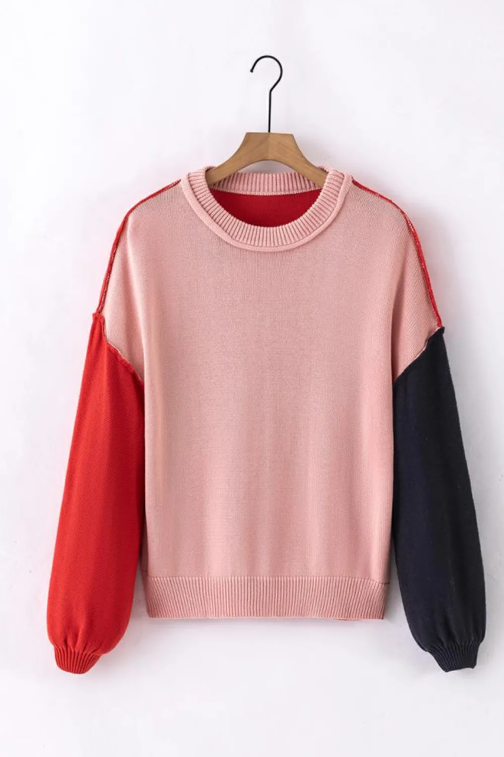 New Dear-Lover Colorblock Bishop Sleeve Ribbed Trim Sweater Pink