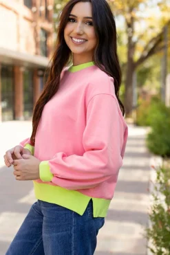 Discount Dear-Lover Colorblock Bubble Sleeve Sweatshirt Pink