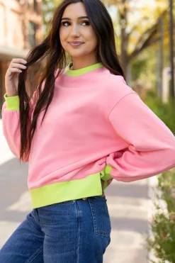Discount Dear-Lover Colorblock Bubble Sleeve Sweatshirt Pink