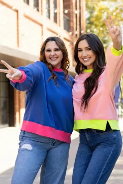 Discount Dear-Lover Colorblock Bubble Sleeve Sweatshirt Pink