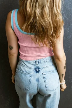 Hot Dear-Lover Colorblock Edge Ribbed Knit U Neck Tank Top Pink
