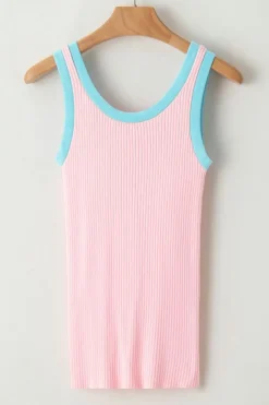 Hot Dear-Lover Colorblock Edge Ribbed Knit U Neck Tank Top Pink