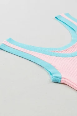 Hot Dear-Lover Colorblock Edge Ribbed Knit U Neck Tank Top Pink