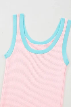 Hot Dear-Lover Colorblock Edge Ribbed Knit U Neck Tank Top Pink