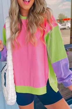 New Dear-Lover Colorblock Exposed Seam Crewneck Casual Sweatshirt Pink