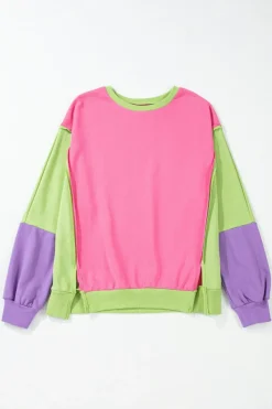 New Dear-Lover Colorblock Exposed Seam Crewneck Casual Sweatshirt Pink