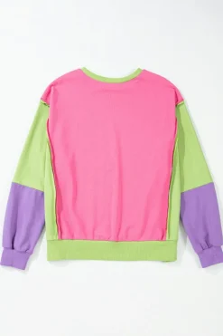 New Dear-Lover Colorblock Exposed Seam Crewneck Casual Sweatshirt Pink