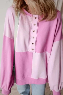 Sale Dear-Lover Colorblock Henley High Low Oversize Sweatshirt Pink