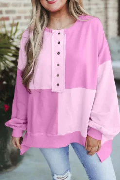 Sale Dear-Lover Colorblock Henley High Low Oversize Sweatshirt Pink