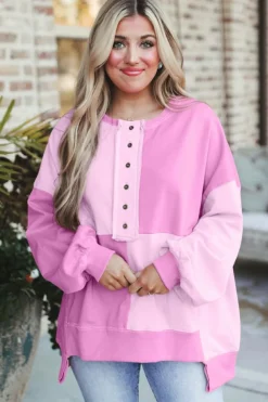 Sale Dear-Lover Colorblock Henley High Low Oversize Sweatshirt Pink