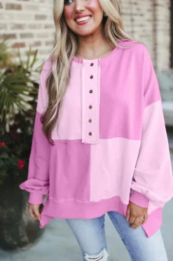 Sale Dear-Lover Colorblock Henley High Low Oversize Sweatshirt Pink