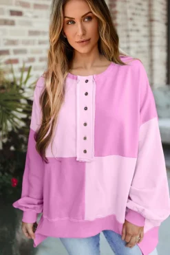 Sale Dear-Lover Colorblock Henley High Low Oversize Sweatshirt Pink