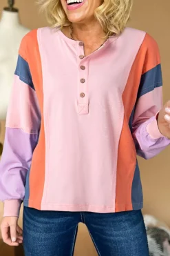 Fashion Dear-Lover Colorblock Long Sleeve Buttons Henley Top Pink