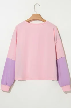 Fashion Dear-Lover Colorblock Long Sleeve Buttons Henley Top Pink