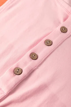 Fashion Dear-Lover Colorblock Long Sleeve Buttons Henley Top Pink