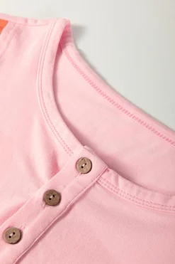 Fashion Dear-Lover Colorblock Long Sleeve Buttons Henley Top Pink