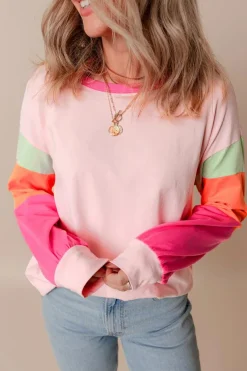 Sale Dear-Lover Colorblock Patchwork Long Sleeve Loose Top Pink