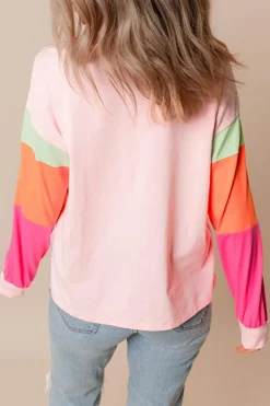Sale Dear-Lover Colorblock Patchwork Long Sleeve Loose Top Pink