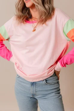 Sale Dear-Lover Colorblock Patchwork Long Sleeve Loose Top Pink