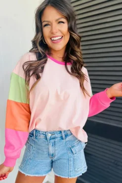 Sale Dear-Lover Colorblock Patchwork Long Sleeve Loose Top Pink