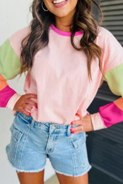 Sale Dear-Lover Colorblock Patchwork Long Sleeve Loose Top Pink