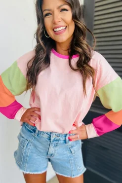 Sale Dear-Lover Colorblock Patchwork Long Sleeve Loose Top Pink