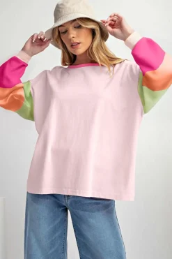 Sale Dear-Lover Colorblock Patchwork Long Sleeve Loose Top Pink