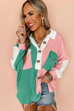 Sale Dear-Lover Colorblock Ribbed Collared Oversized Sweatshirt Pink