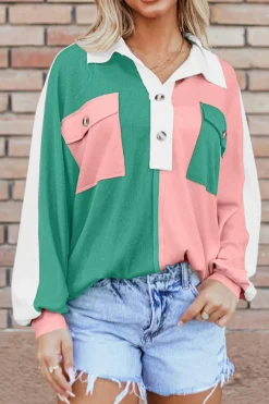 Sale Dear-Lover Colorblock Ribbed Collared Oversized Sweatshirt Pink