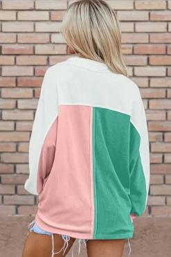 Sale Dear-Lover Colorblock Ribbed Collared Oversized Sweatshirt Pink