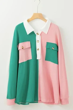 Sale Dear-Lover Colorblock Ribbed Collared Oversized Sweatshirt Pink