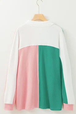 Sale Dear-Lover Colorblock Ribbed Collared Oversized Sweatshirt Pink